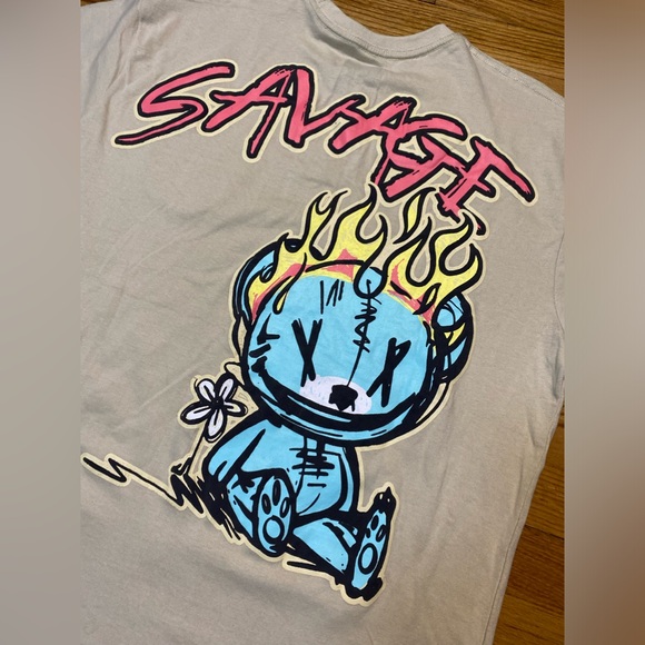 Savage OG oversized front and back Print T-Shirt Sz L Beige New! - Picture 2 of 6